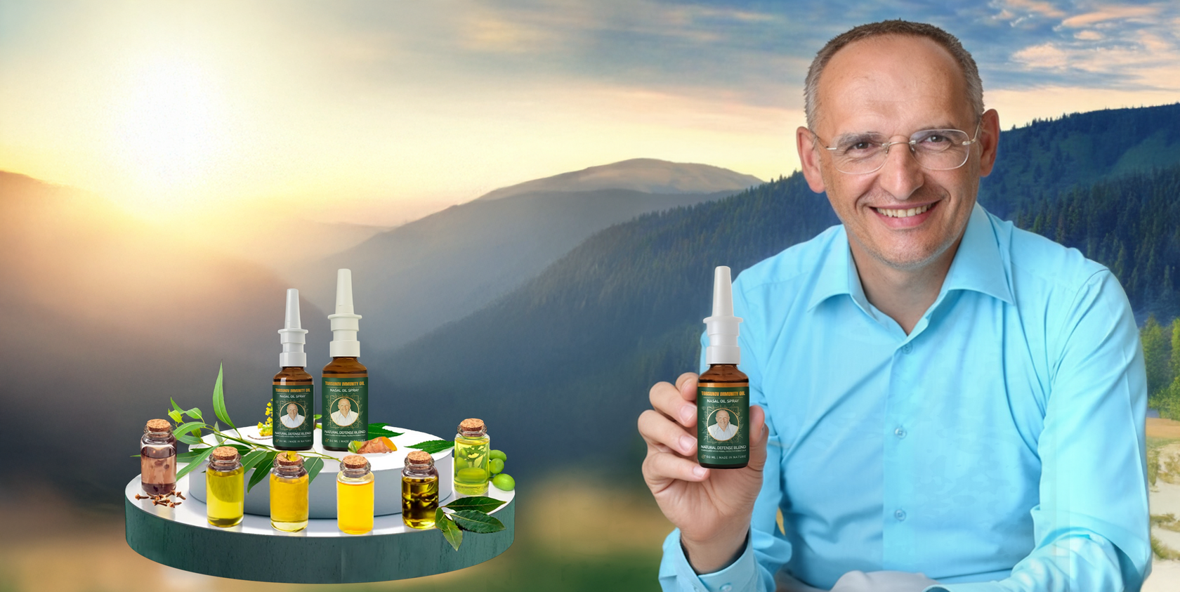 О.Г. Торсунов тримає флакон Torsunov Immunity Oil на тлі гір